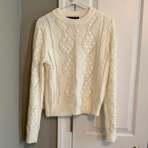 French Connection Cream Open‑Knit Cable Crewneck Sweater